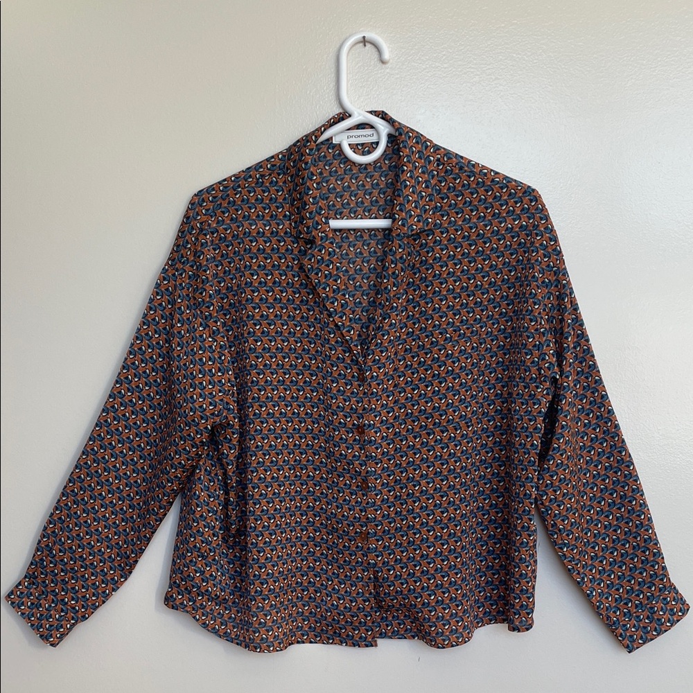 Promod Brown and Blue Geometric Button Down Shirt